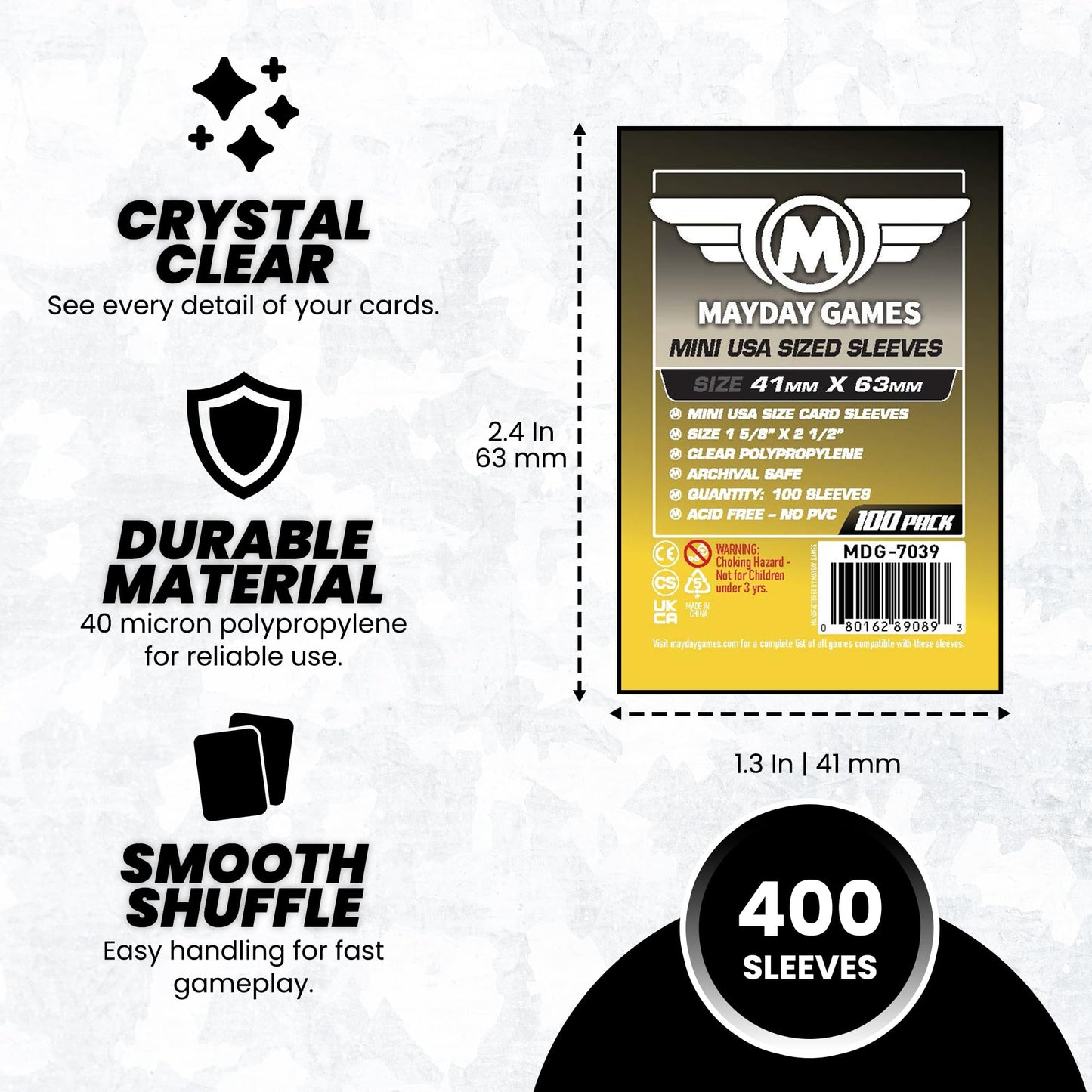 MayDay Games Mini USA Card Sleeves 41x63mm - Clear Polypropylene, 40 Micron, 400 Standard Board Game Card Sleeves- MDG-7039