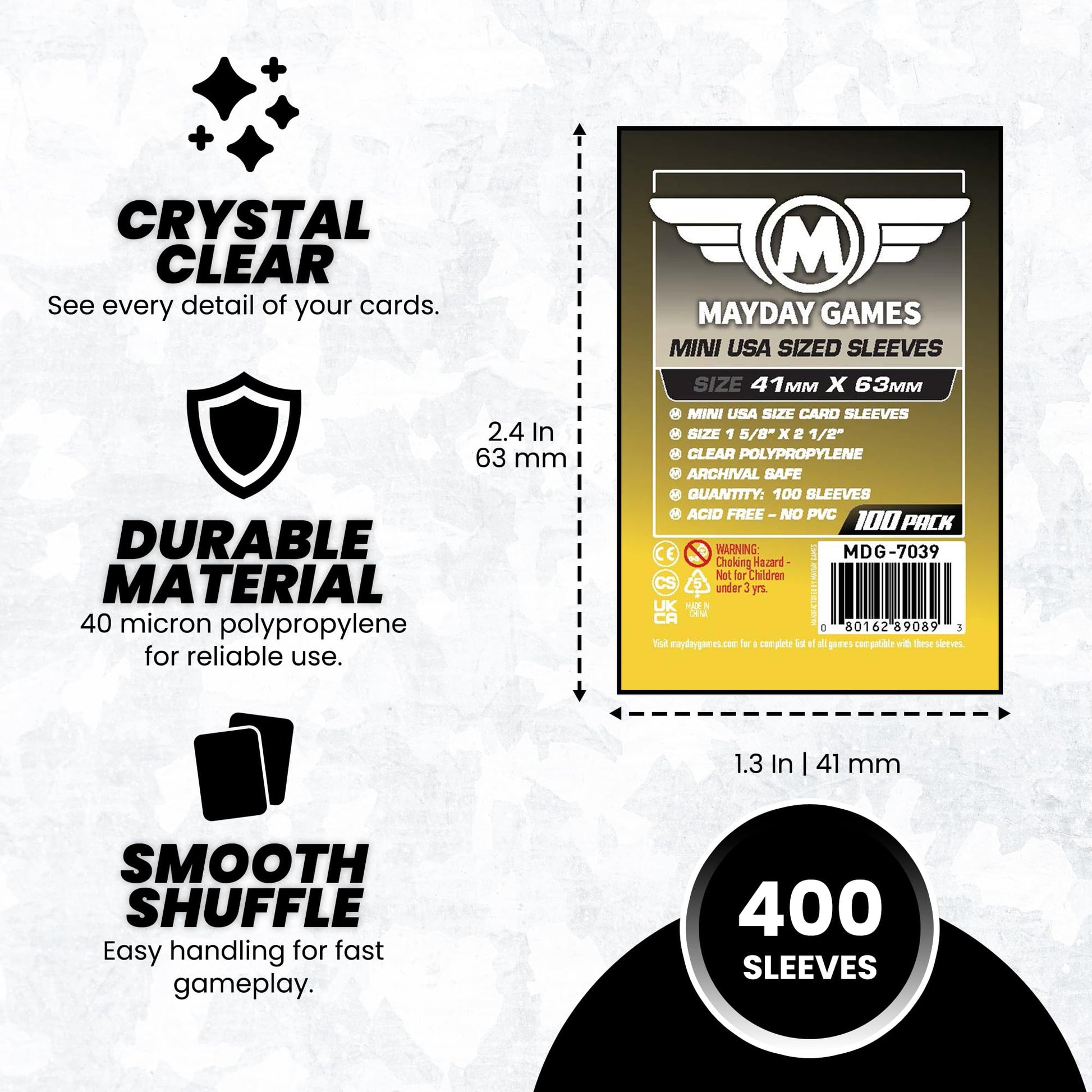 MayDay Games Mini USA Card Sleeves 41x63mm - Clear Polypropylene, 40 Micron, 400 Standard Board Game Card Sleeves- MDG-7039