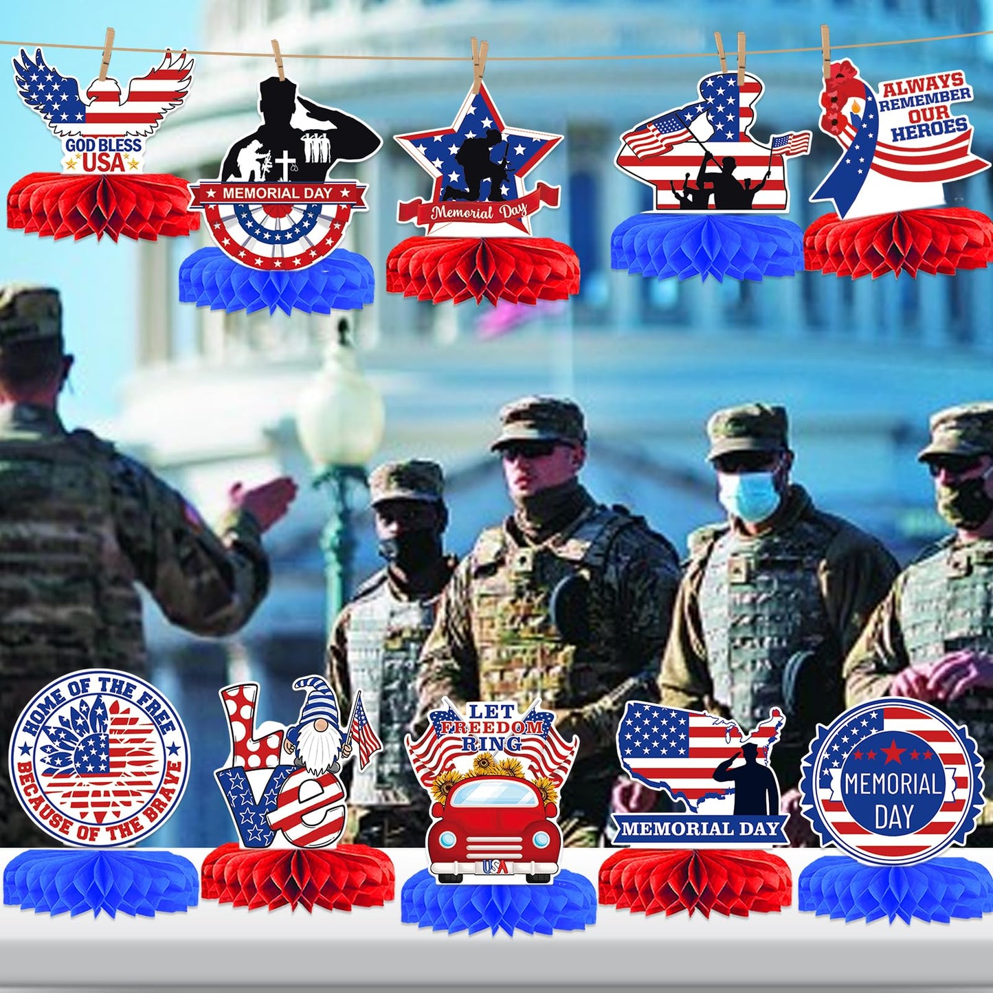 12PCS Memorial Day Decorations Memorial Day Honeycomb Centerpieces Patriotic Centerpieces for Table 4th of July Decorations Patriotic Decorations Red