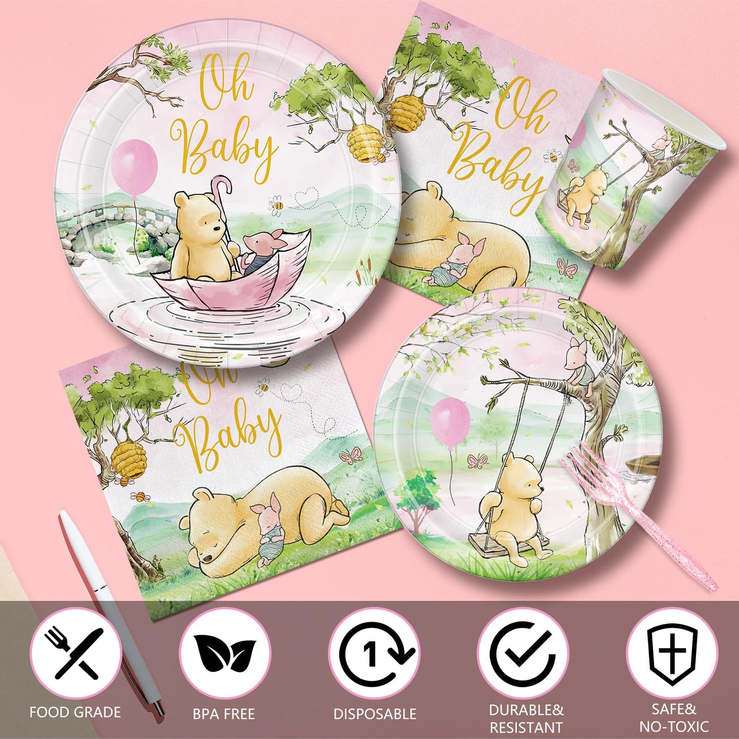 168pcs Classic Winnie Bear Baby Shower Paper Plates Napkin Party Supplies Girl Baby Shower Decorations Disposable Cutlery Tableware Set Serve 24
