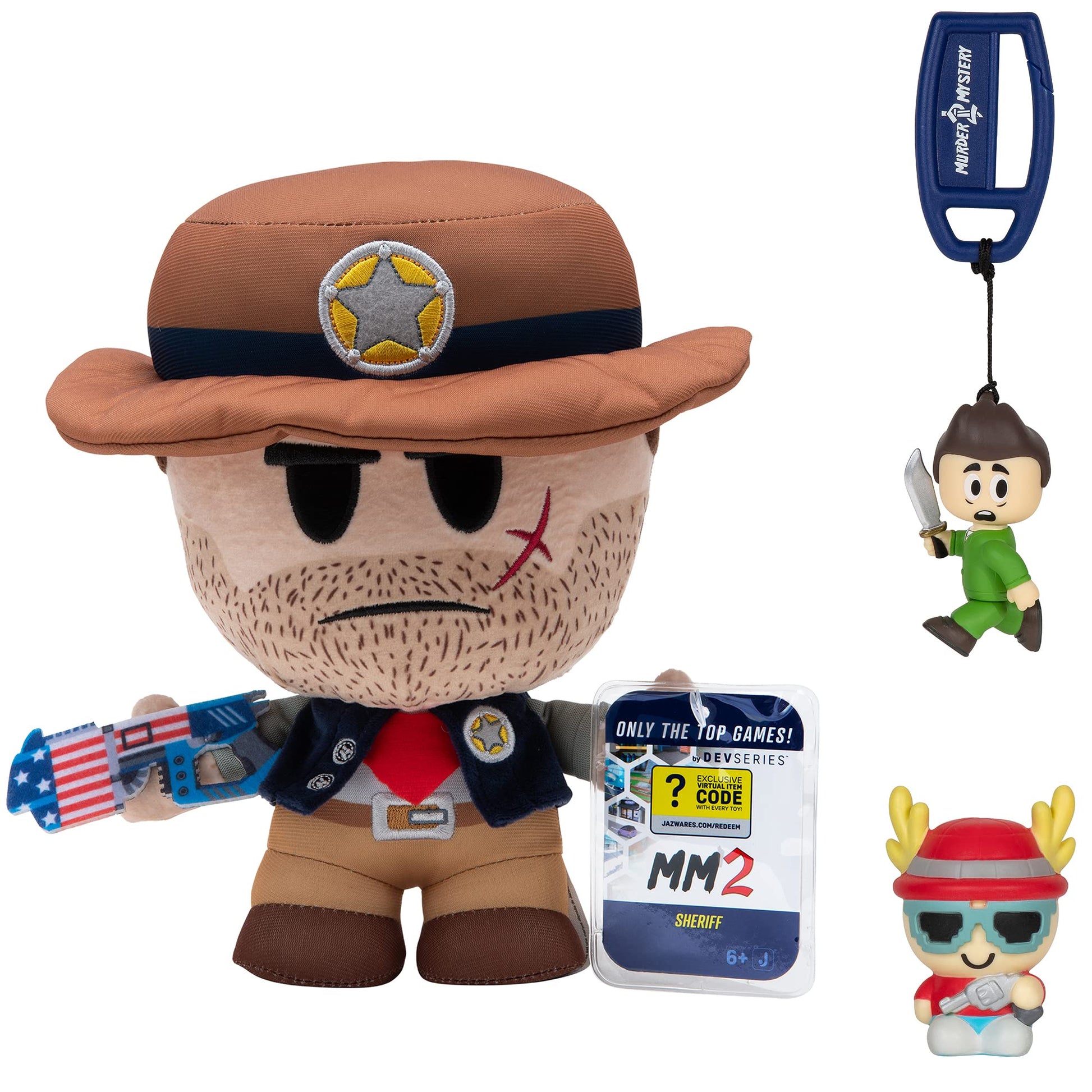 DevSeries Murder Mystery 2 Collector Bundle - Three Exclusive Virtual Item Codes with Sheriff Plush, Nikilis Squooshems, and Running Victor Hanger
