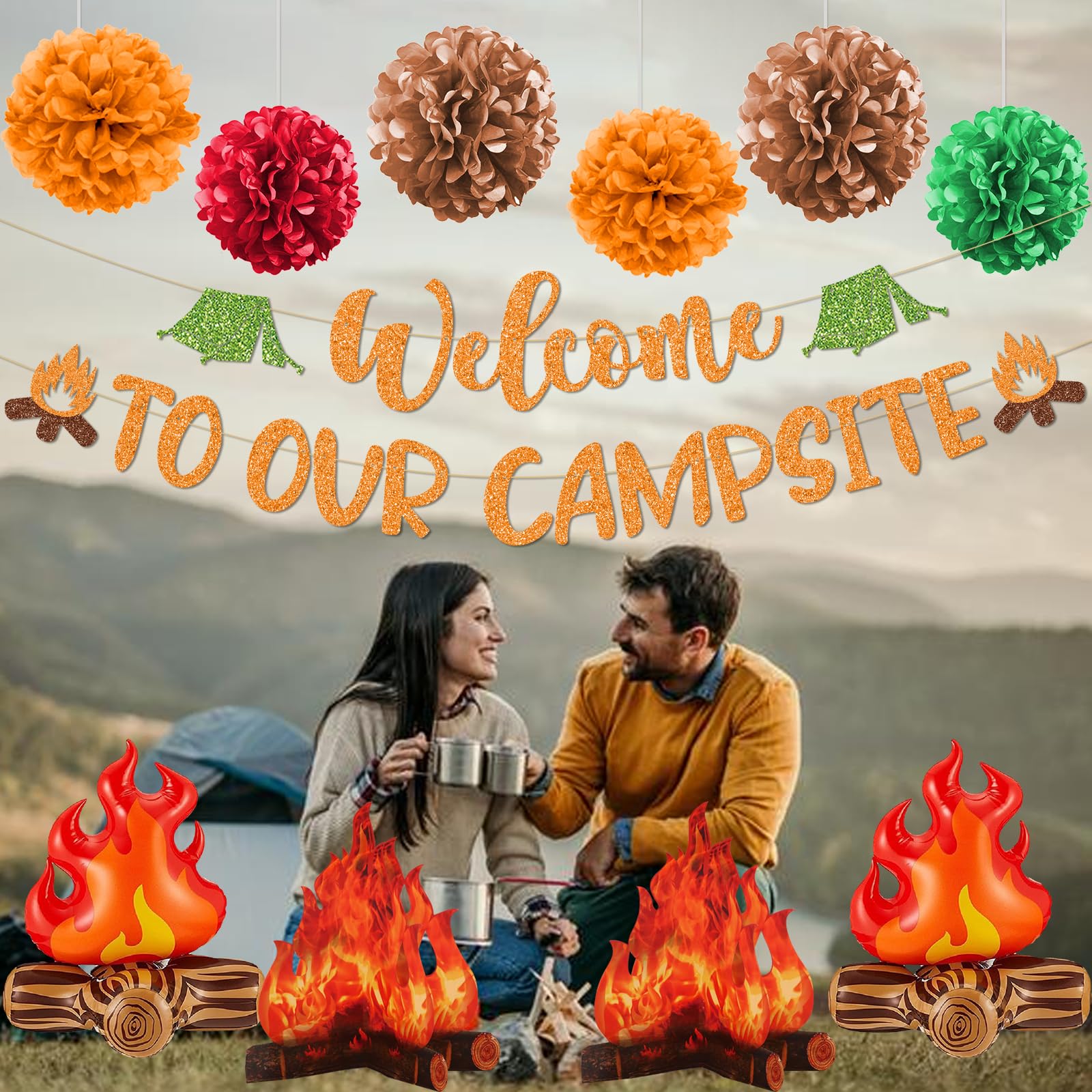 Camping Party Decorations, Welcome to Our Campsite Banner 3D Campfire Centerpiece Pom Poms Balloons, Camping Decorations for Classroom, Camping Themed