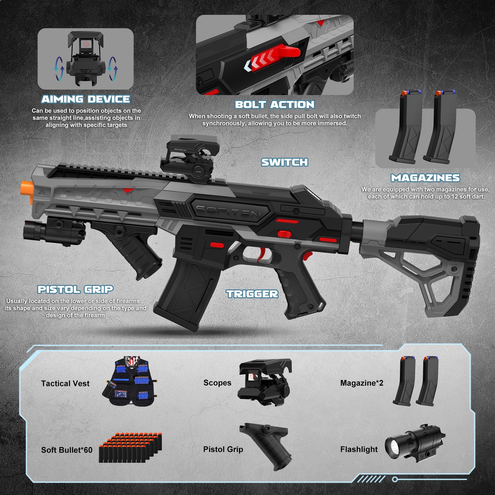 SOFITEN Automatic Toy Gun with Adjustable Scope, Electric Toy Sniper Rifle Foam Dart Blaster with Vest, Flashlight, Grip, Indoor Outdoor Shooting