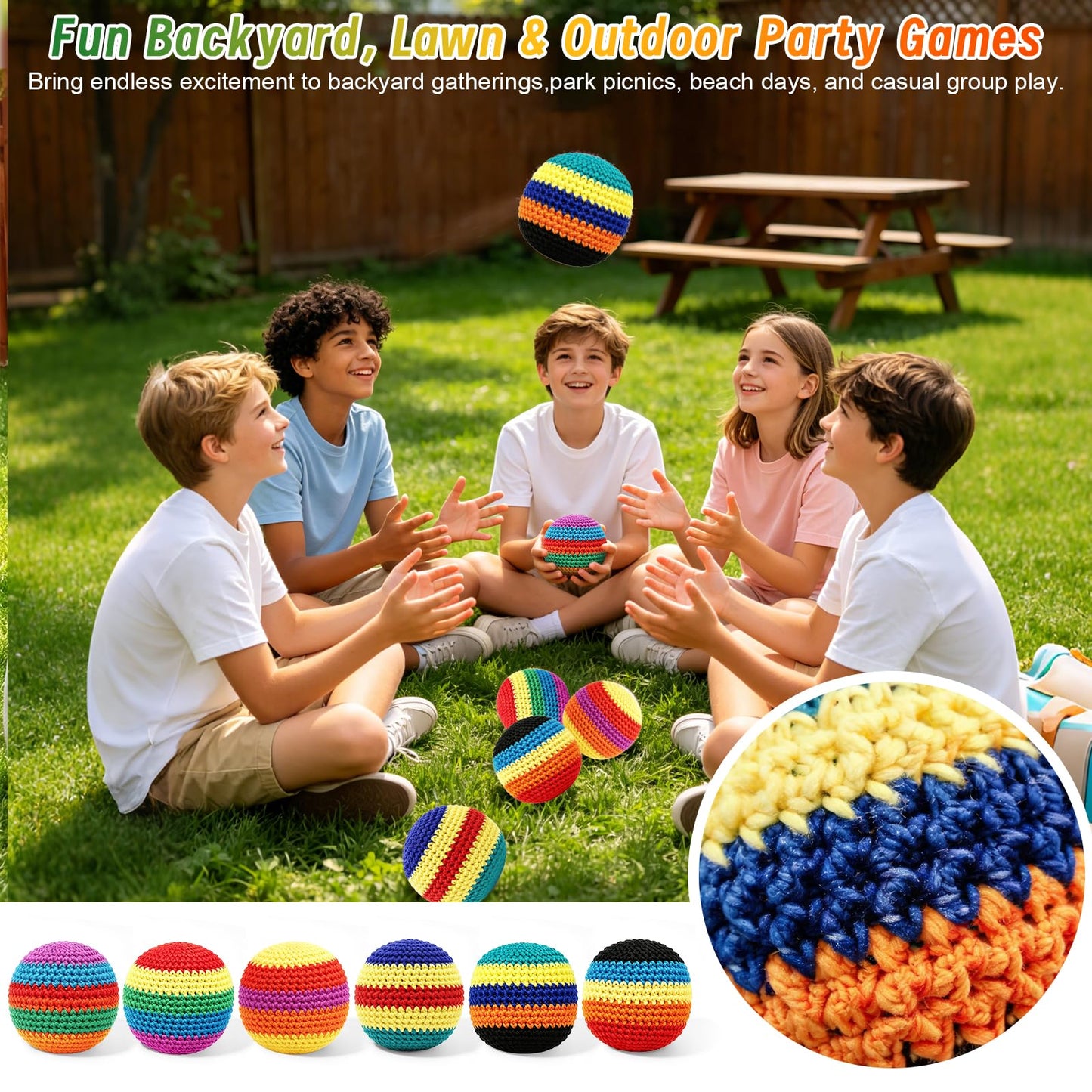 6 Pack Crocheted Footbags Handmade Knitted Balls for Tossing & Kicking Adults and Beginners Vibrant Sports Design for Indoor & Outdoor Play, Party