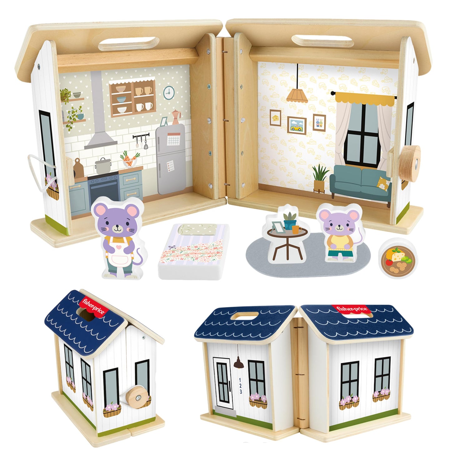 Fisher-Price Wood Pretend Play Toy Dollhouse, 6-Piece Wooden House Playset for Travel Preschool Kids Ages 3+ Years
