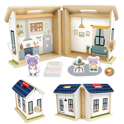 Fisher-Price Wood Pretend Play Toy Dollhouse, 6-Piece Wooden House Playset for Travel Preschool Kids Ages 3+ Years
