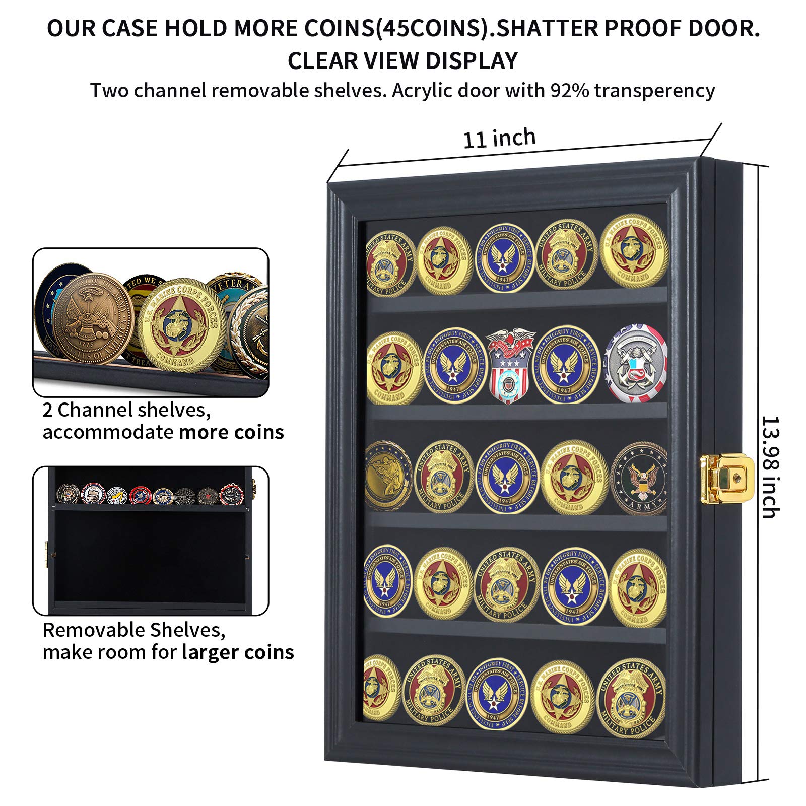 Jinchuan Military Challenge Coin Display Case Lockable Cabinet Rack Holder Shadow Box with Removable 2 Grooves Shelves and Anti Dust Door for Casino