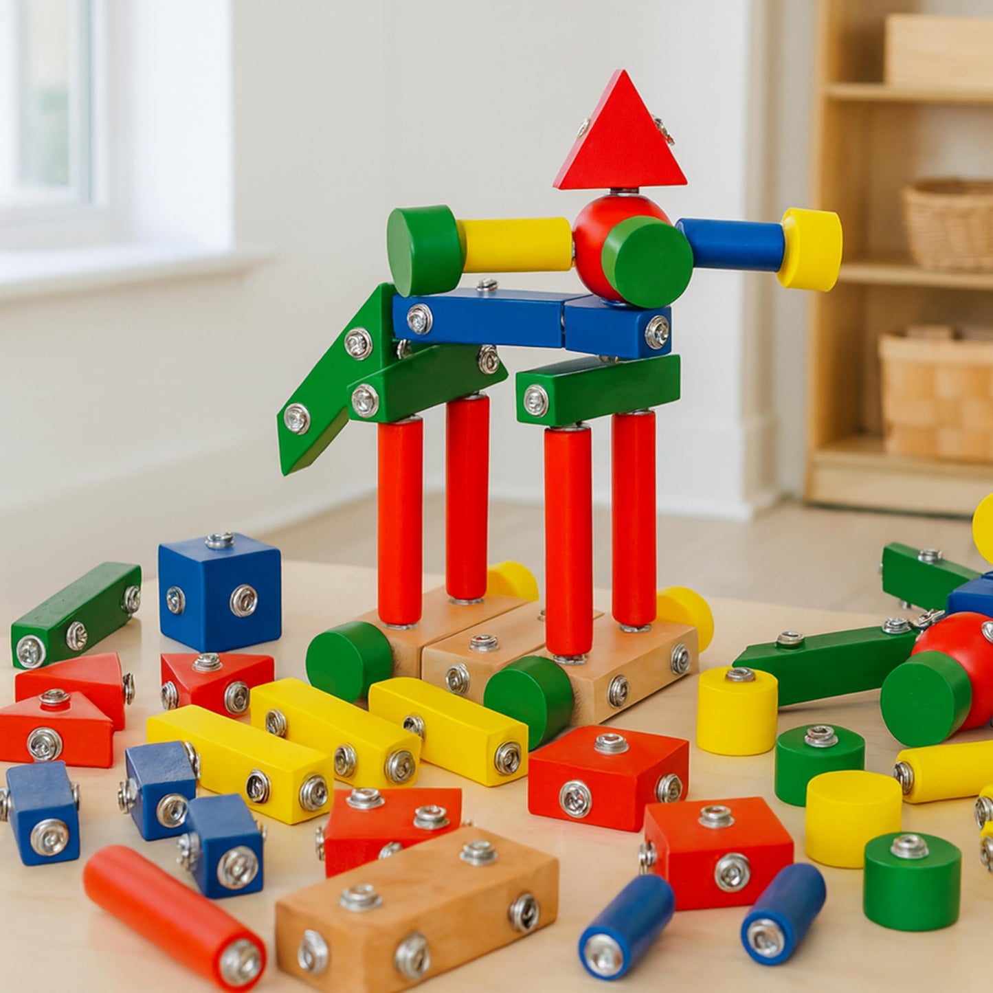 Constructive Playthings Children's Snap N Play Building Blocks for Toddlers 3-5 Years with Drawstring Bag for Block Storage, STEM Toys, Durable