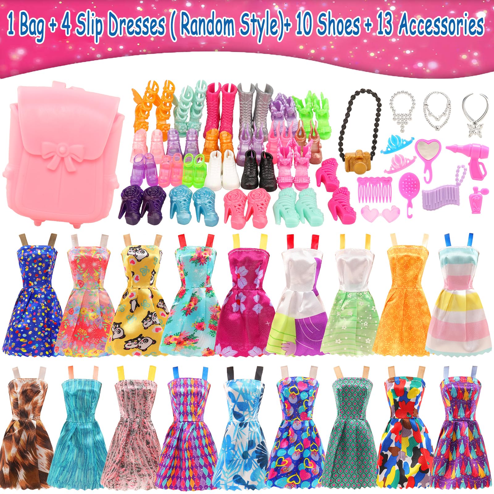 Barwa Lot 36 Items 3 Fashion Dresses 3 Casual Tops and Pants Outfits 6 Pcs Mini Dresses with 1 Bags 10 Shoes, 13 Accessories for 11.5 Inch Girl Doll