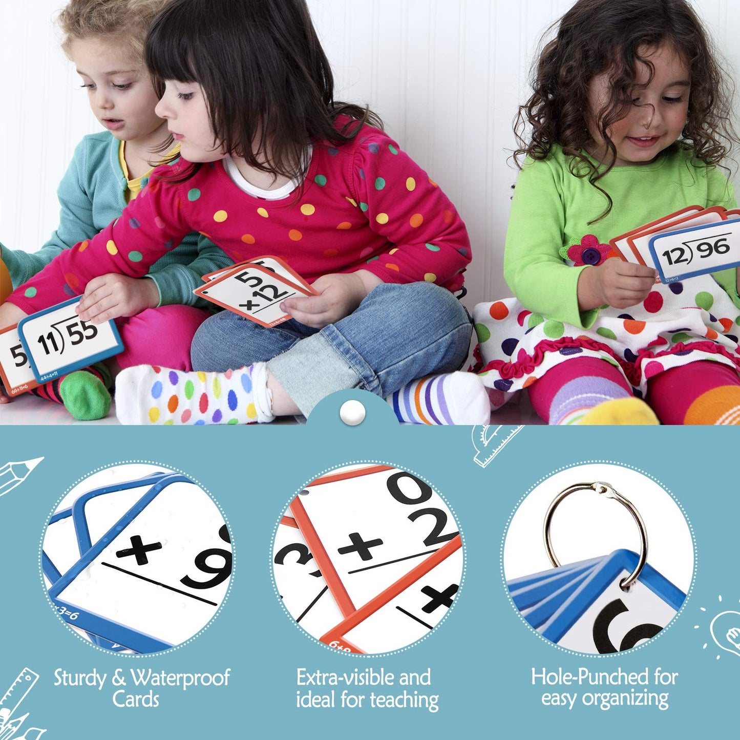 Torlam Multi Math Flash Cards for Kids Ages 4-8 - Addition, Subtraction, Multiplication, & Division - All Facts 0-12 with 4 Rings, Math Games for Kids