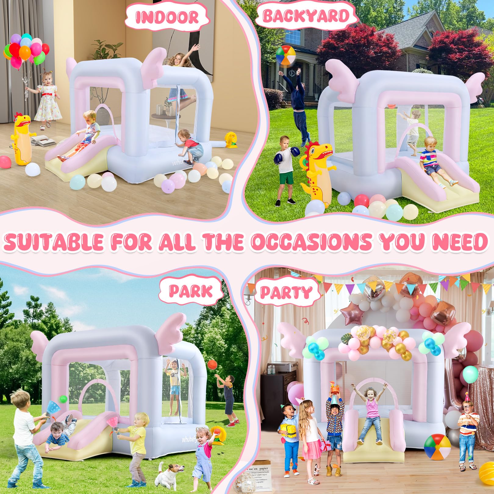 Inflatable Bounce House for Kids All-in-ONE w/Macaron Balloons, Catch Ball Set, Punching Bag, Beachball, Basketball, 106 x 85 x 80 Jump Castle