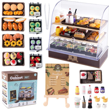 86 Pieces Miniature Bakery Case Cake Stand Display Cabinet with Food Set Mini Plastic Counter Dessert Donuts for 1:12 Doll House Store Scene