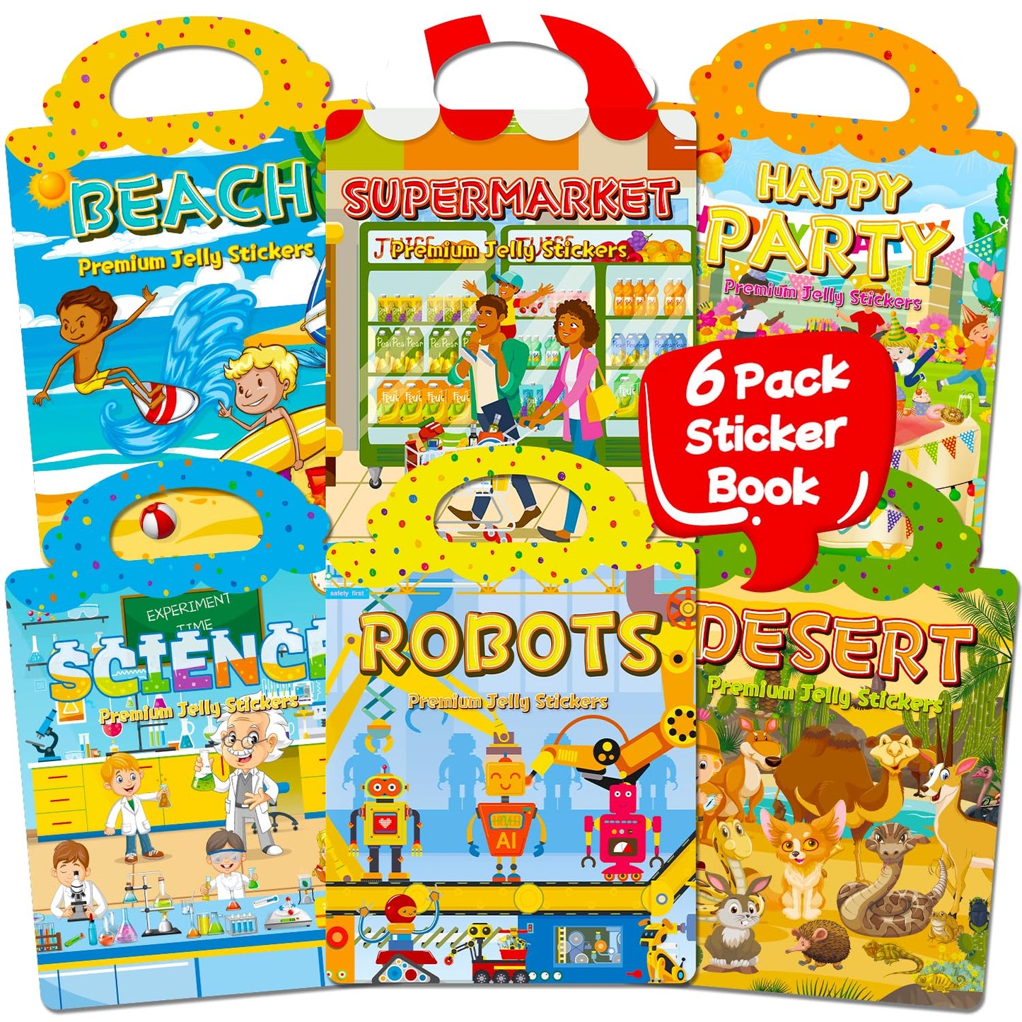 CREATIVETREES 6 Sets Reusable Sticker Book for Toddlers 1-3, Jelly Stickers Book for Kids 2-4, Travel Sticker Activity Toys for Childs 3 4 5 6 Years