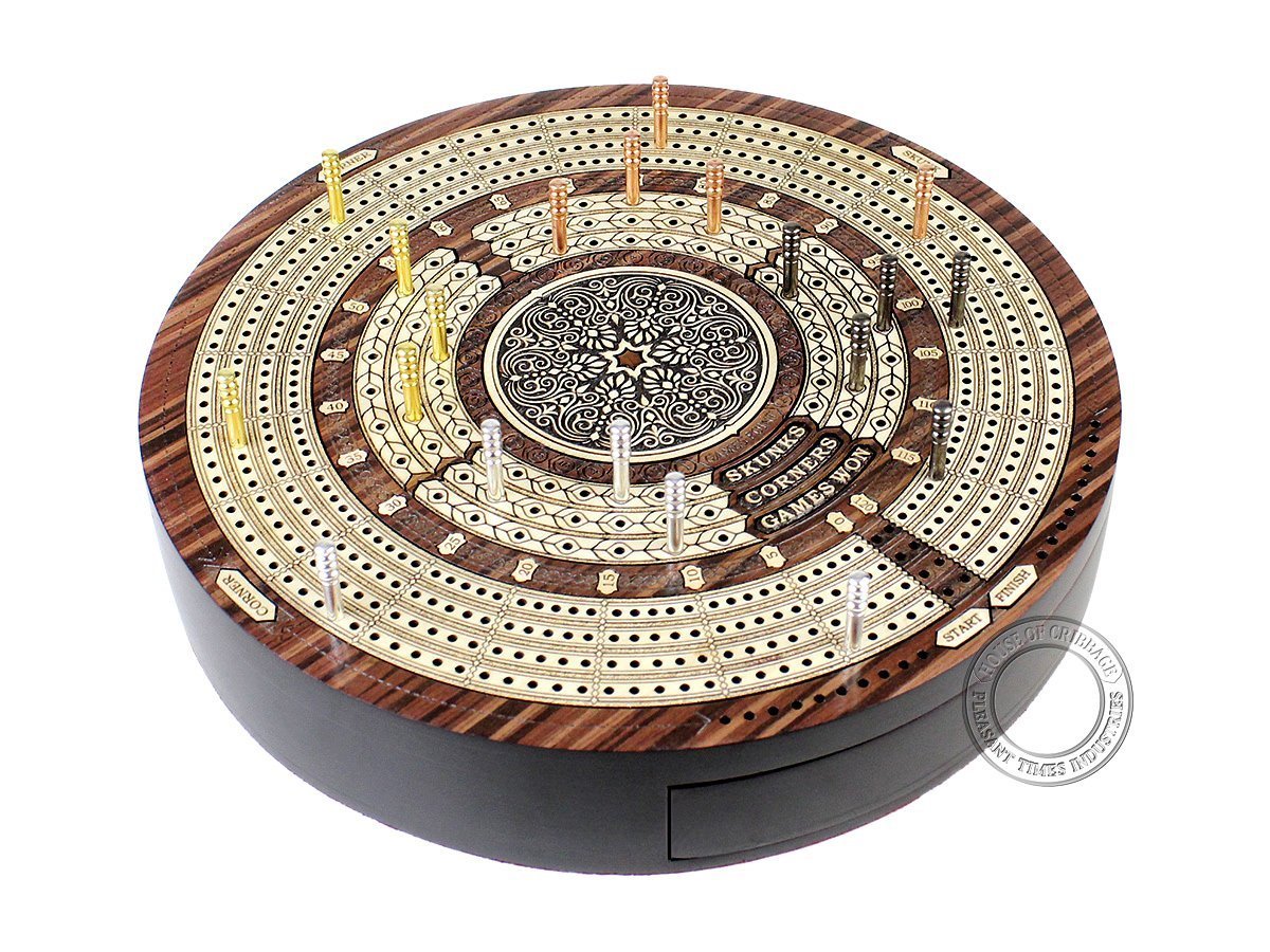 House of Cribbage - 10" Round Shape 4 Tracks Continuous Cribbage Board - Rosewood/Maple - Push Drawer with Score Marking Fields for Skunks, Corners