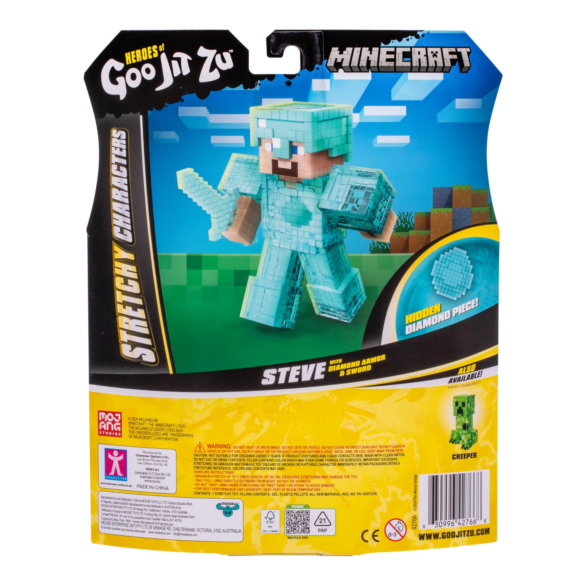 Heroes of Goo Jit Zu Minecraft Stretchy Characters, Steve with Diamond Armor & Sword, Super Squishy Goo Filling with Hidden Diamond Piece Inside