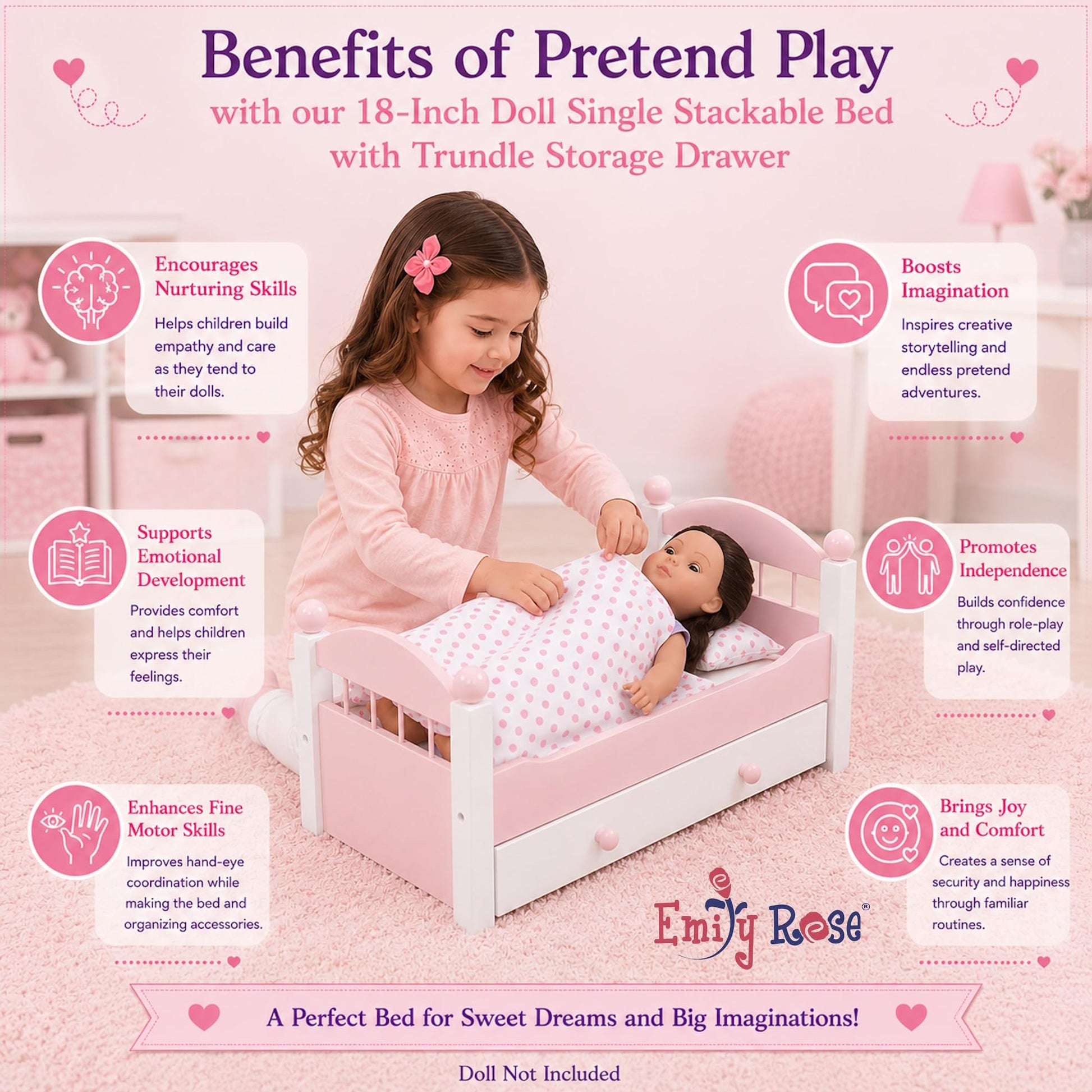 Emily Rose 18" Doll White Stackable Bed w/Storage Drawer & Bedding Set