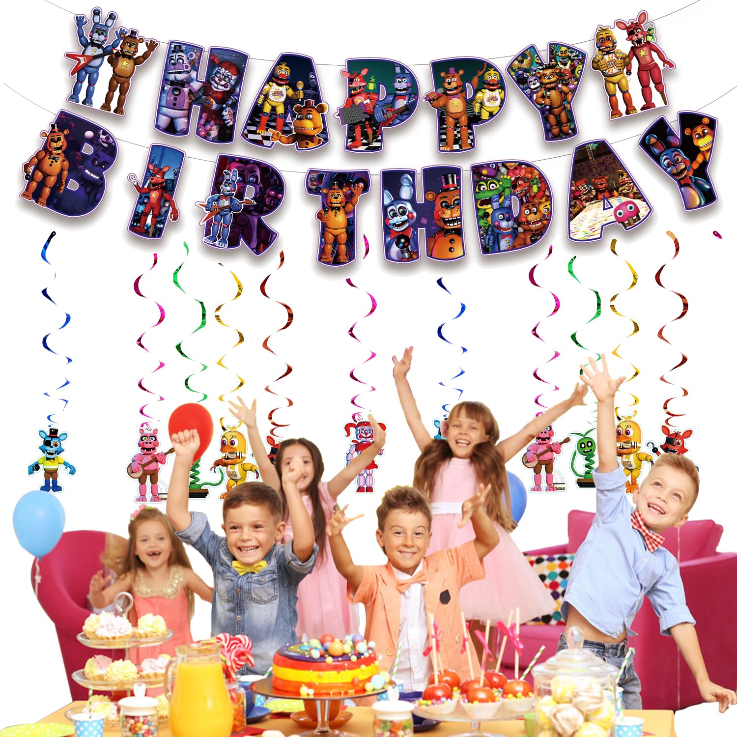 13Packs Five Nights party supplies Include 12 pcs Hanging Swirls and 1 Happy Birthday Banner for Five Nights party Decoration