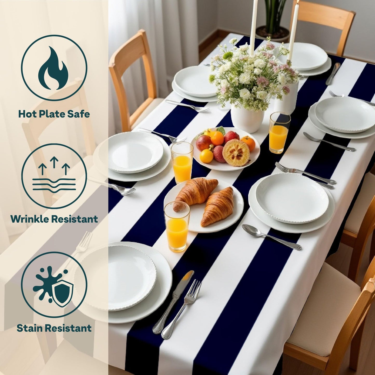 Fabric Textile Products | Navy and White Striped Tablecloth | Cabana Rectangular Tablecloth | 60" x 104" | Machine Washable and Stain-Resistant