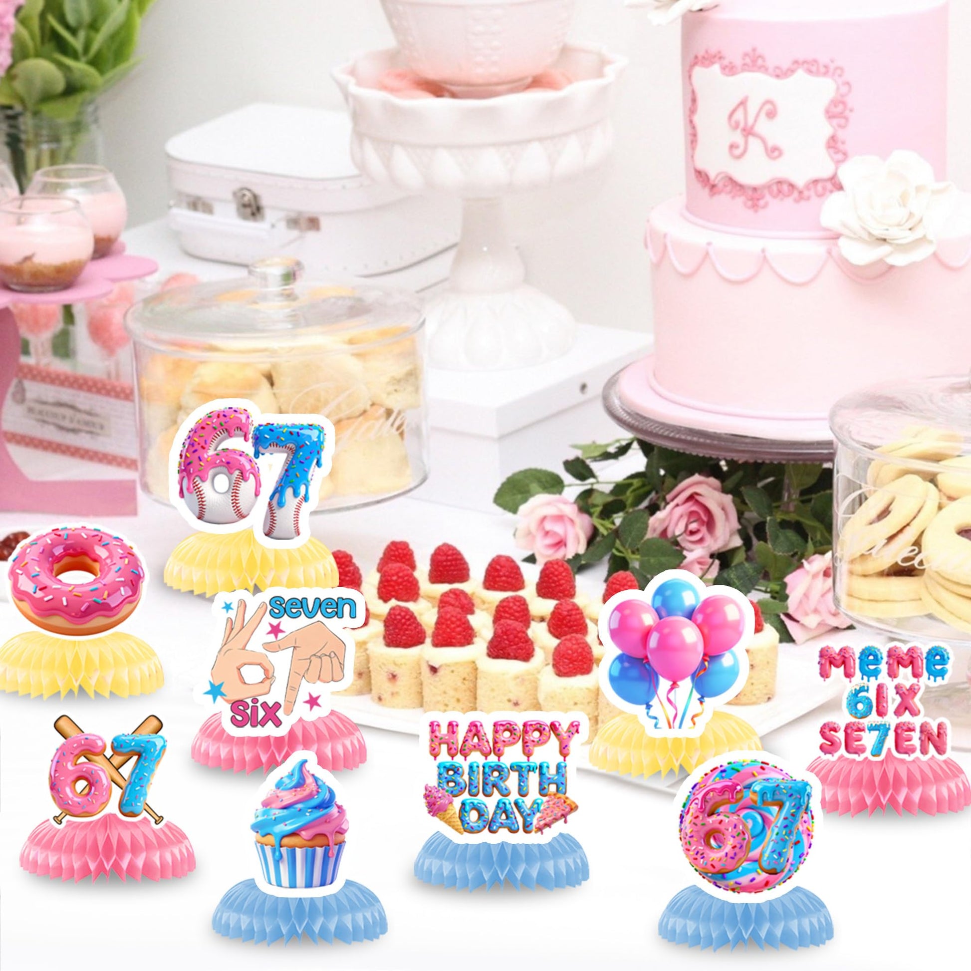 9Pcs 67 Honeycomb Table Centerpieces - 6 7 Meme Themed Birthday Decorations Set, Viral Party Decoration Supplies