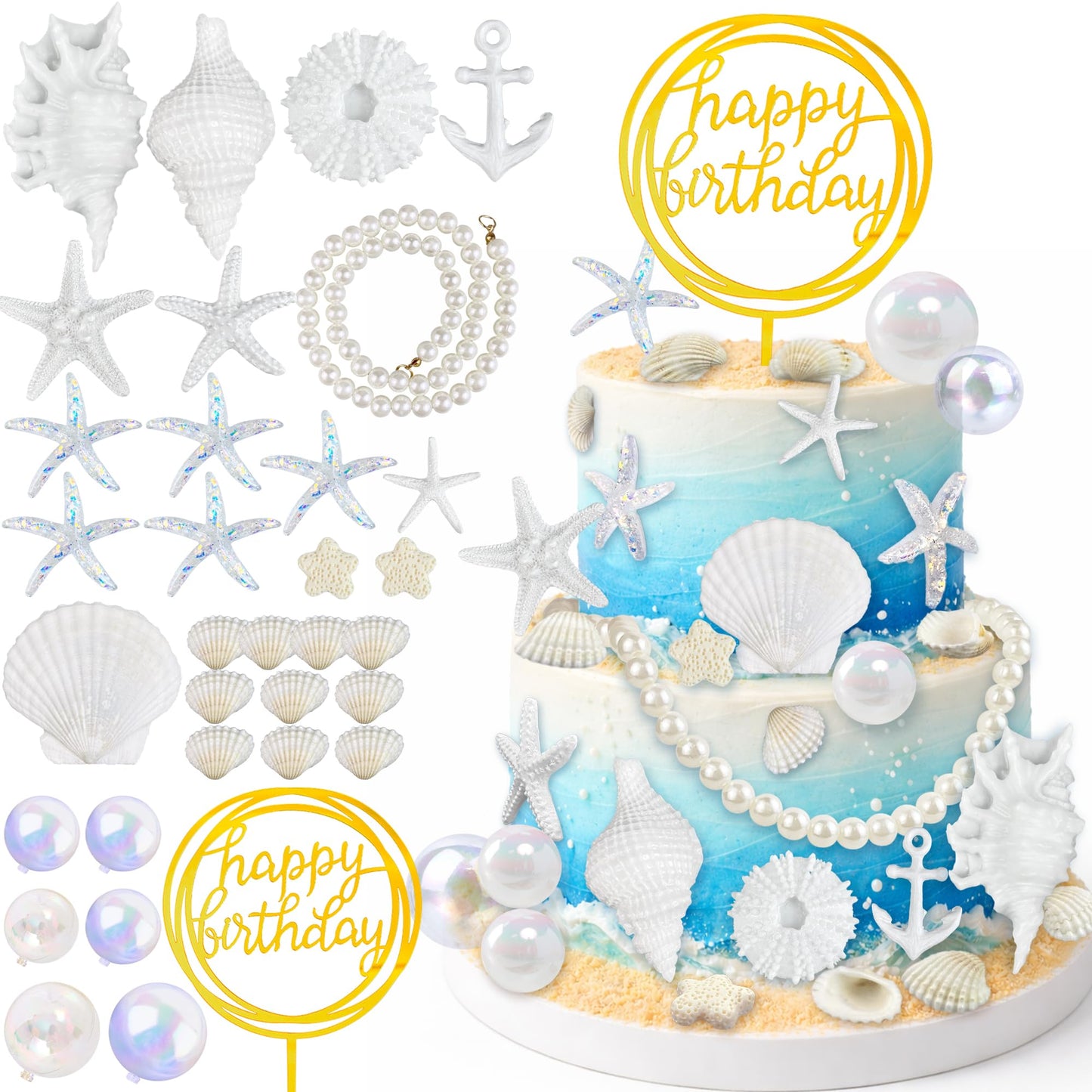33PCS Shells Cake Toppers Beach Theme Wedding Birthday Cake Decorations Artificial Starfish for Summer Hawaiian Party