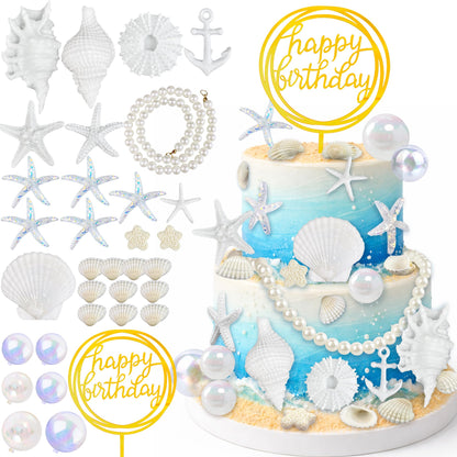 33PCS Shells Cake Toppers Beach Theme Wedding Birthday Cake Decorations Artificial Starfish for Summer Hawaiian Party