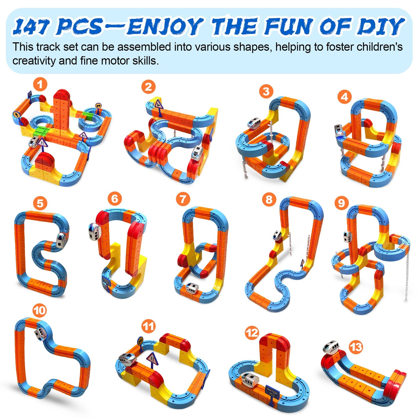 Virellia Upgraded RC Electric Train Set, 147PCS Remote-Control 3D Racing Track Sets with Anti-Gravity Electric Train, Traffic Signs, Flexible Race