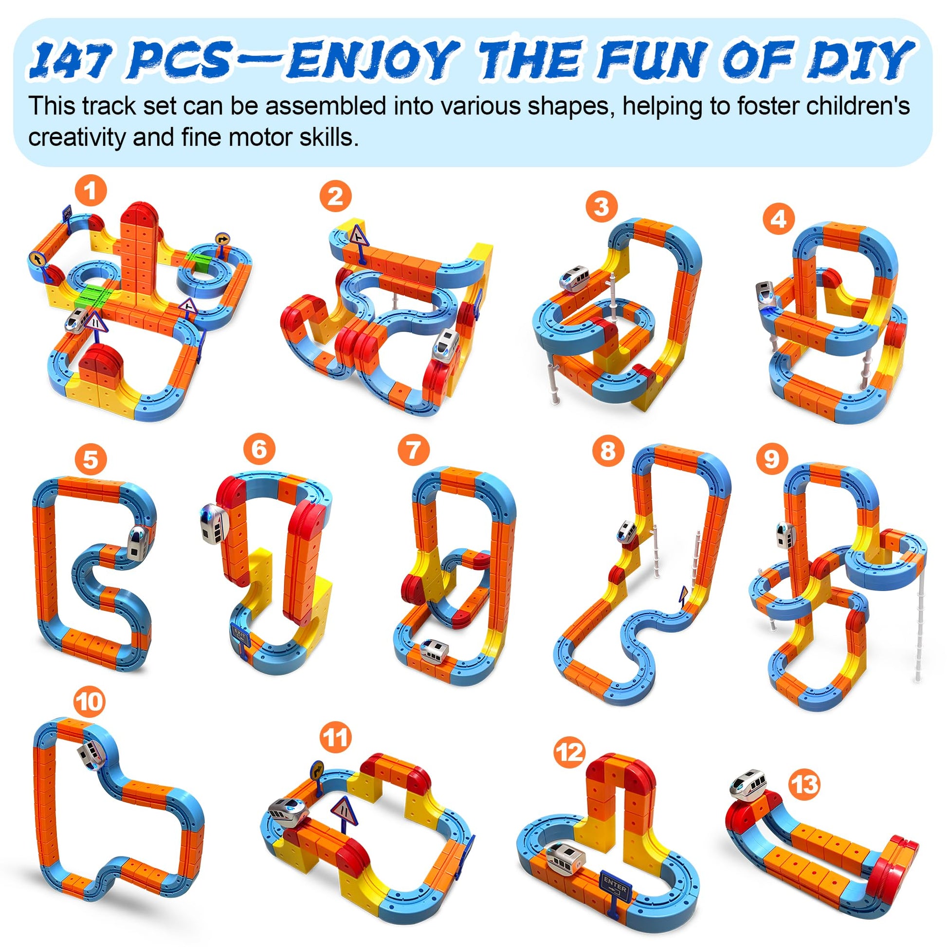Virellia Upgraded RC Electric Train Set, 147PCS Remote-Control 3D Racing Track Sets with Anti-Gravity Electric Train, Traffic Signs, Flexible Race