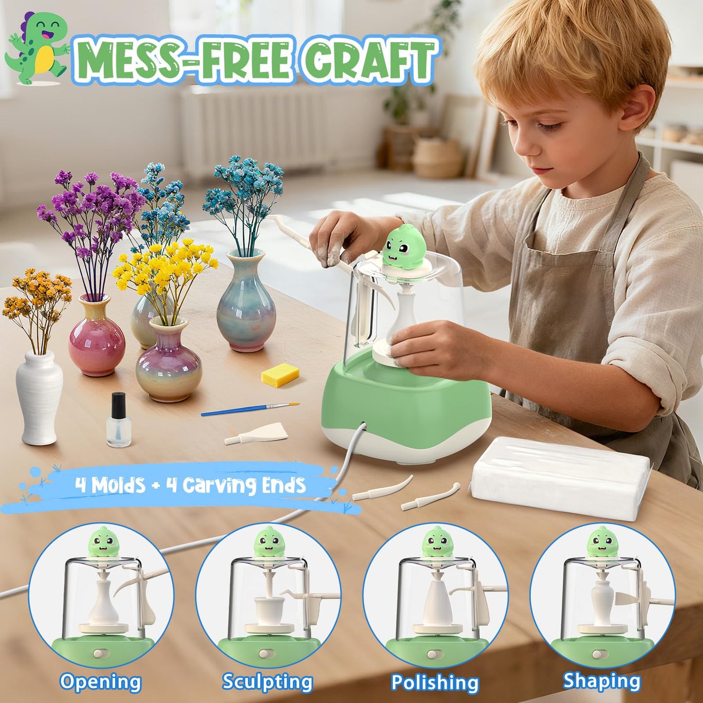 Mini Pottery Wheel for Kids - Fingertip Pottery Painting Craft Kit with 2.3in Turntable, Clay and Flowers, Mess Free Arts & Crafts Toys Birthday
