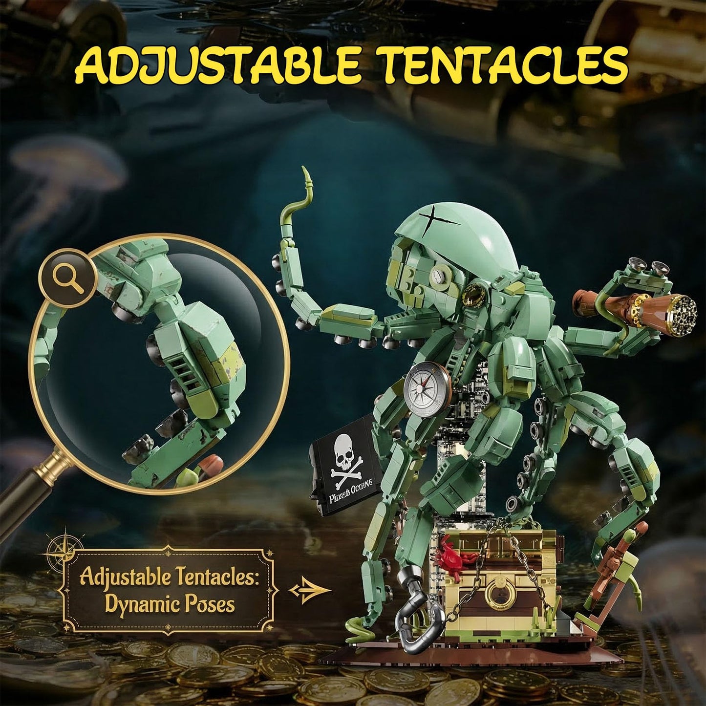 HJPLPXH Octopus Building Blocks Set for Adults Mechanical Pirate Kraken Deep Sea Predator Model with Adjustable Tentacles Pirate Treasure Chest Ocean