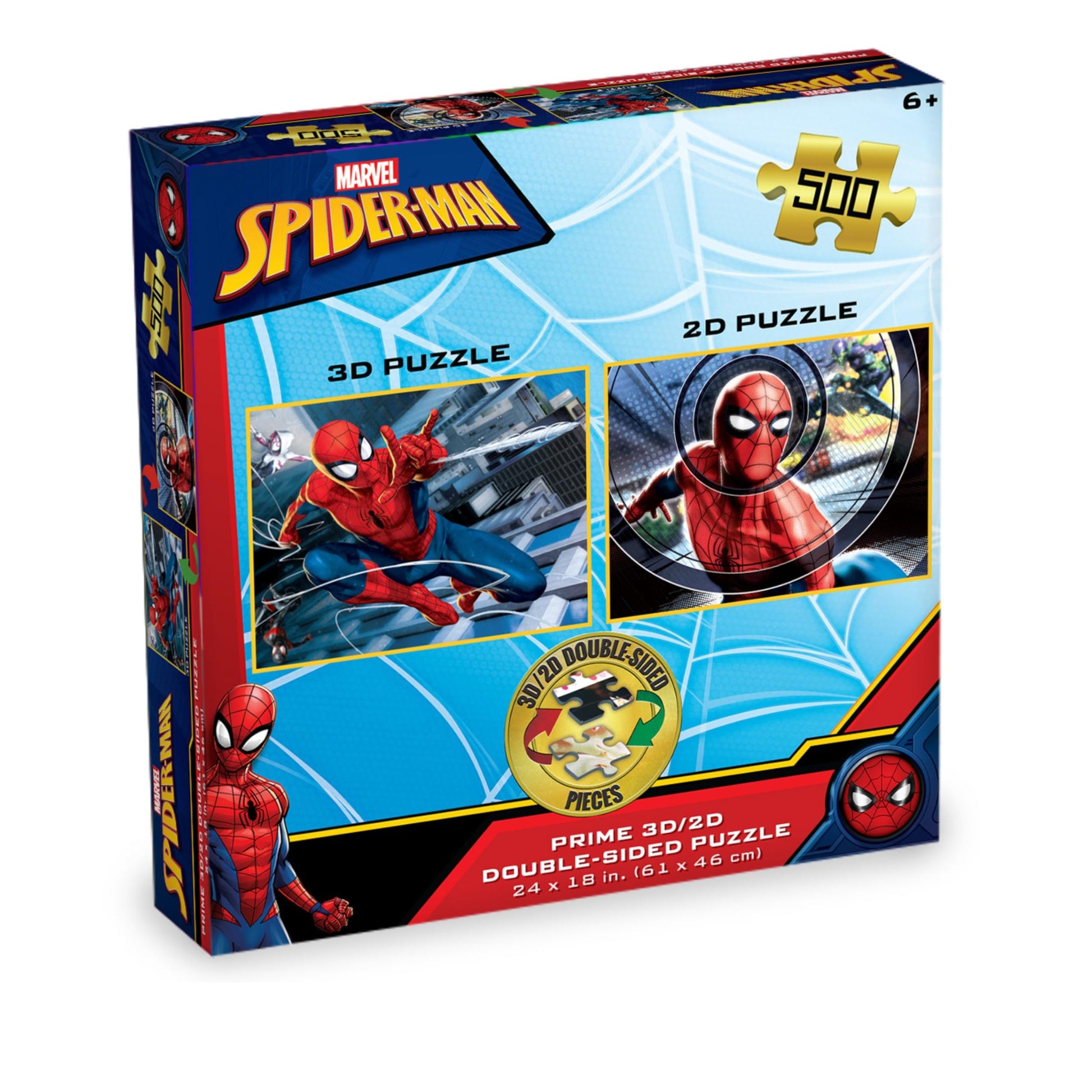 Prime 3D Marvel Spider-Man Double-Sided Puzzle - 500 Piece 3D/2D Lenticular Jigsaw for Adults & Kids, 24"x18" Motion-Depth Activity, Official