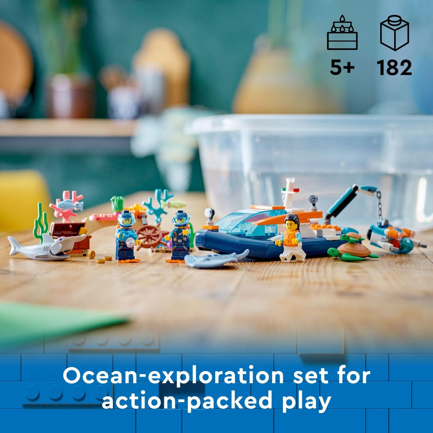 LEGO City Explorer Diving Boat 60377 Ocean Building Toy, Includes a Coral Reef Setting, Mini-Submarine, 3 Minifigures and Manta Ray, Shark, Crab, 2