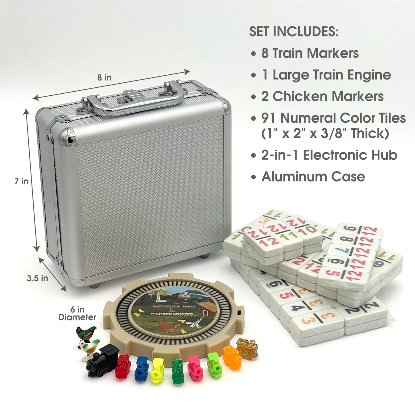 CHH Double 12 Numeral Pro Size Mexican Train & Chicken Domino Set - Aluminum Carrying Case - Complete Set with Plastic Hub, Train Markers, and Chicken