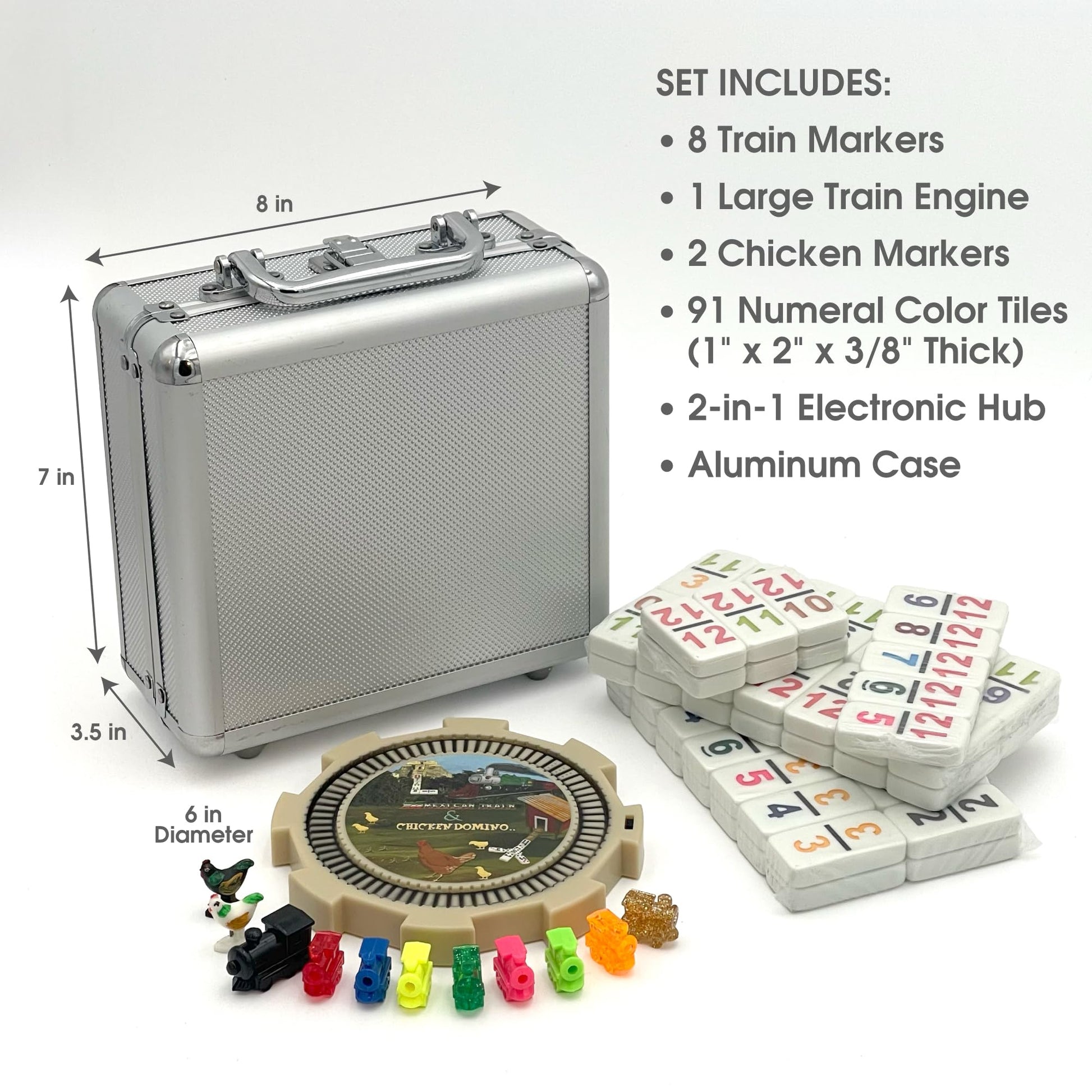 CHH Double 12 Numeral Pro Size Mexican Train & Chicken Domino Set - Aluminum Carrying Case - Complete Set with Plastic Hub, Train Markers, and Chicken