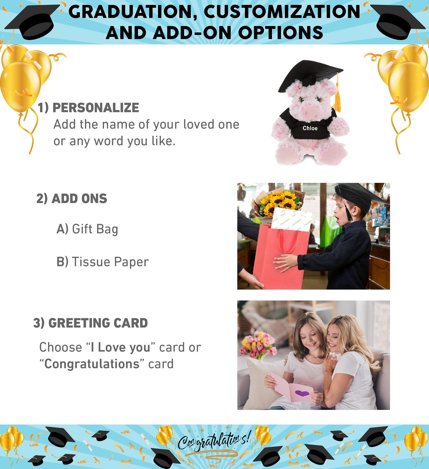 DolliBu Sitting Pig Graduation Plush Toy - Soft Graduation Stuffed Animal Dress Up with Gown & Cap with Tassel Outfit - Gift with Personalization - 9"