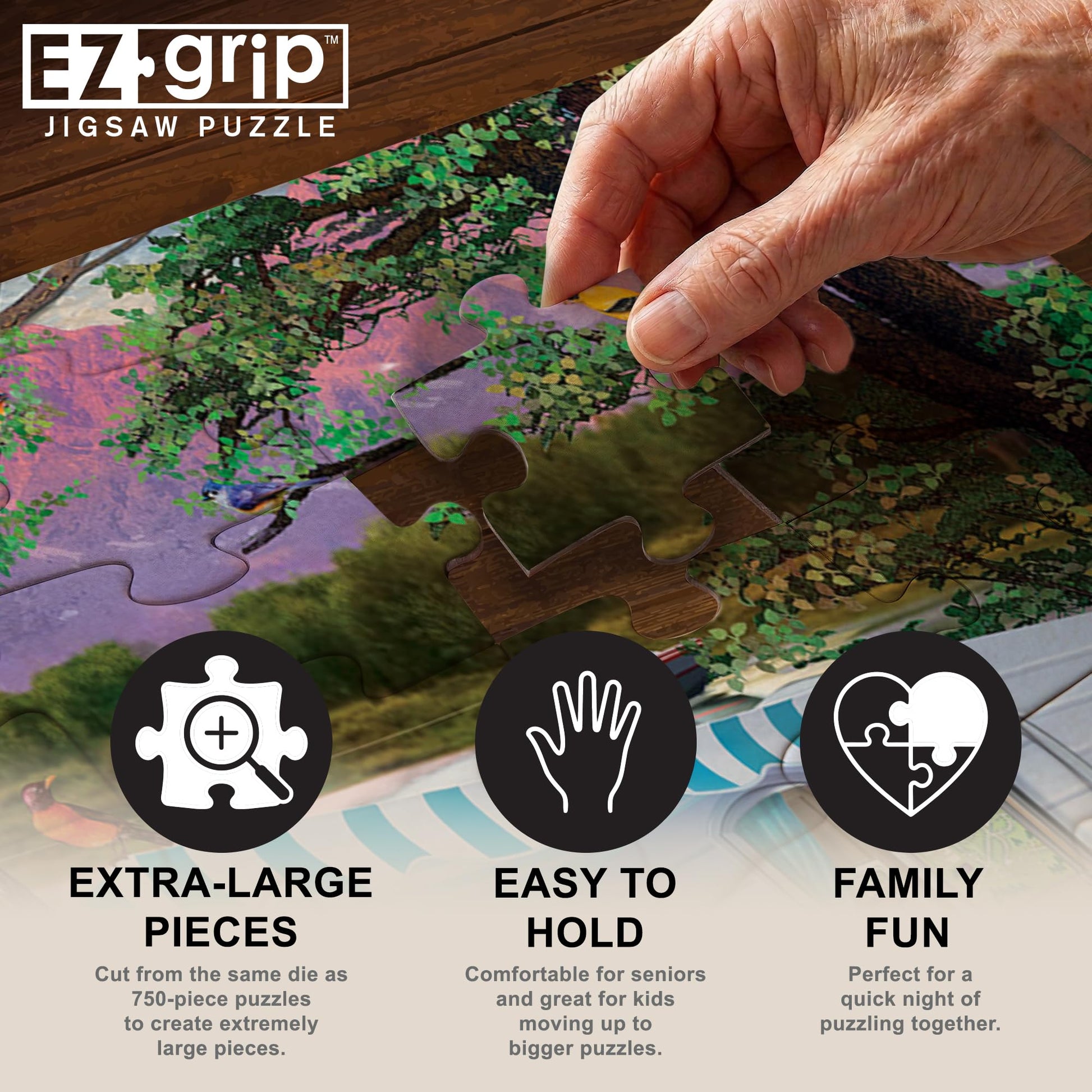 MasterPieces - 300 Piece Jigsaw Puzzle, Large EZ Grip Shapes, Leisure Lake, Fun for Adults, Seniors, Family, Kids, Non-Glare Finish, 18"x24"