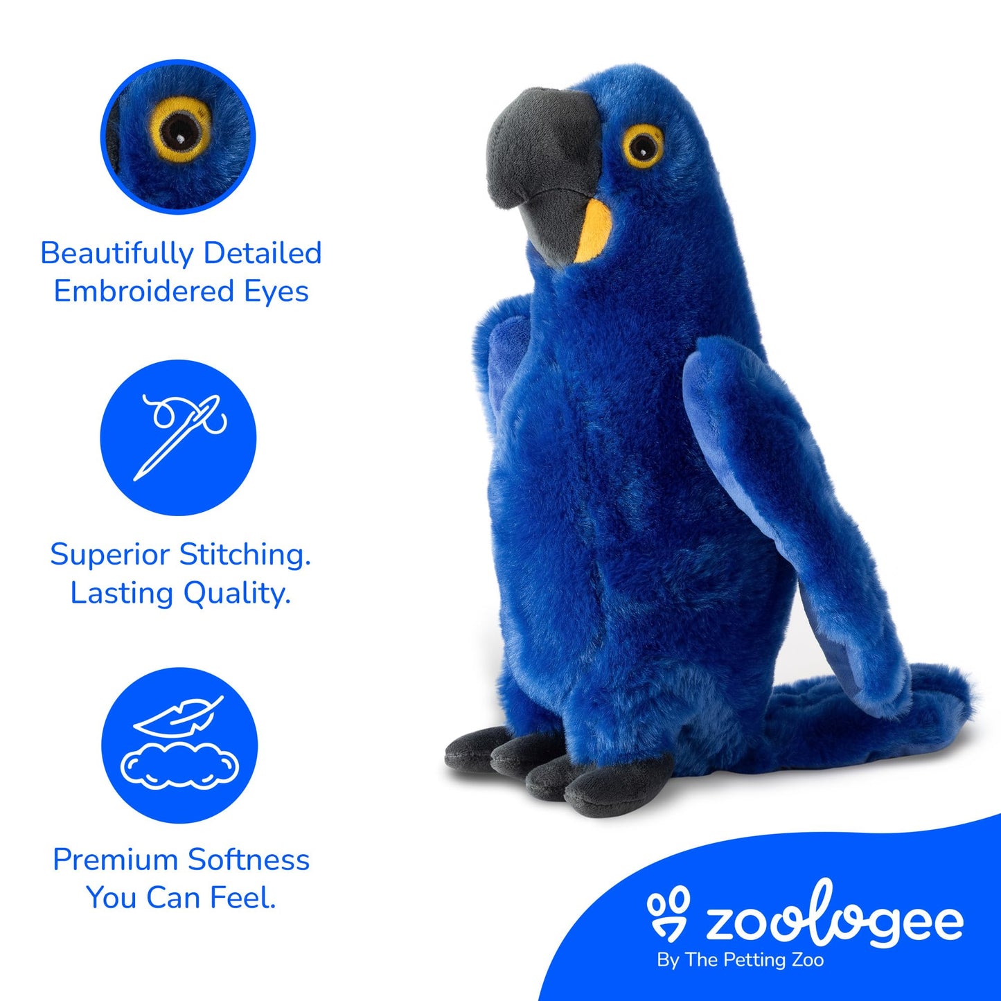 The Petting Zoo Hyacinth Macaw Stuffed Animal Plushie, Gifts for Kids, Earth Keeperz Rainforest Animals, Zoologee Blue Hyacinth Macaw Plush Toy, 12