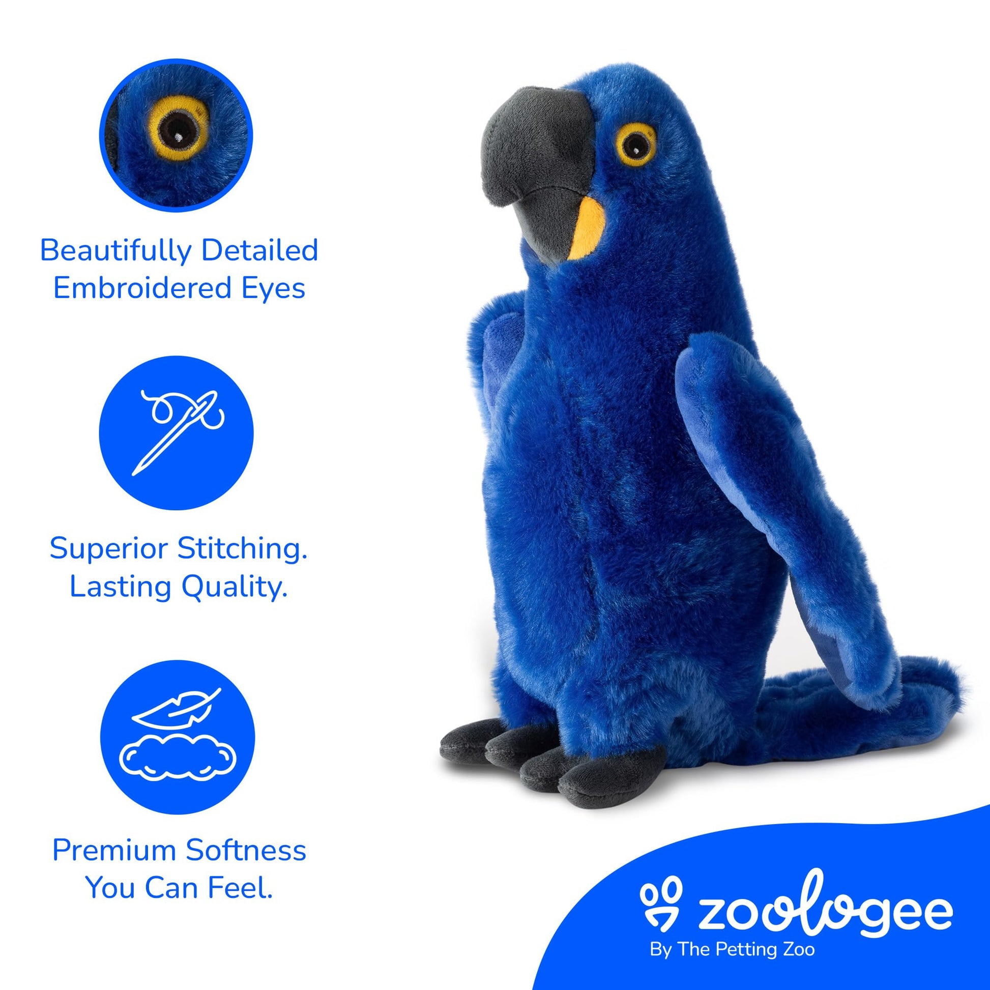 The Petting Zoo Hyacinth Macaw Stuffed Animal Plushie, Gifts for Kids, Earth Keeperz Rainforest Animals, Zoologee Blue Hyacinth Macaw Plush Toy, 12