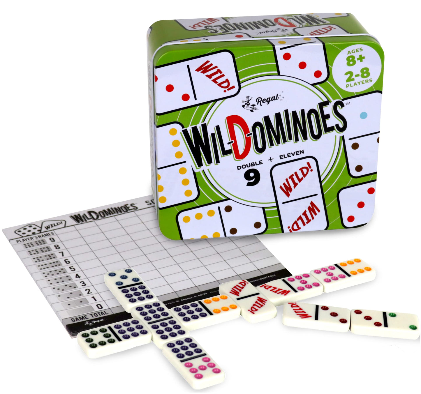 Regal Games - Wild Spinner Dominoes - Compatible with Spinner and Double 9 Dominoes - Fun Family-Friendly Game - Includes Score Pad and Rules Sheet