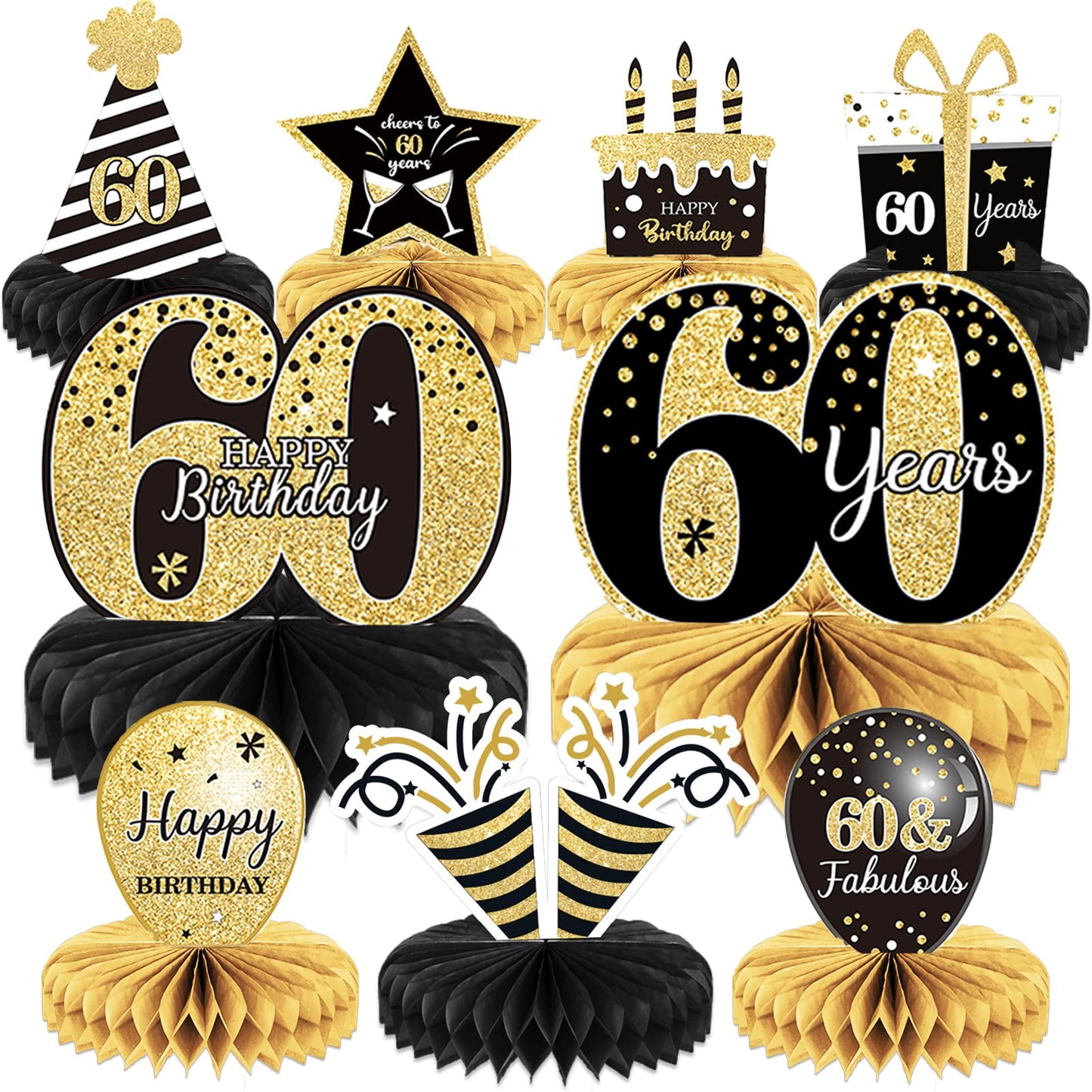 9 Pieces 60th Birthday Decoration 60 th Birthday Centerpieces for Tables Decorations Cheers to 60 Years Honeycomb Table Topper for Men and Women Sixty