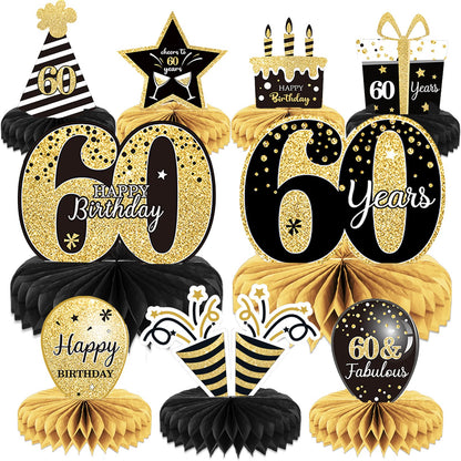 9 Pieces 60th Birthday Decoration 60 th Birthday Centerpieces for Tables Decorations Cheers to 60 Years Honeycomb Table Topper for Men and Women Sixty