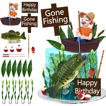 21 PCS Gone Fishing Cake Toppers Fisherman Fish Cake Decoration for Gone Fishing Themed Party Supplies Decor
