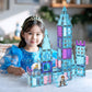 PicassoTiles 70pc Magnetic Tiles Winter Ice Castle Construction Magnet Tile Block Set with Princess Prince Characters Stair Case Windows Doors Pretend