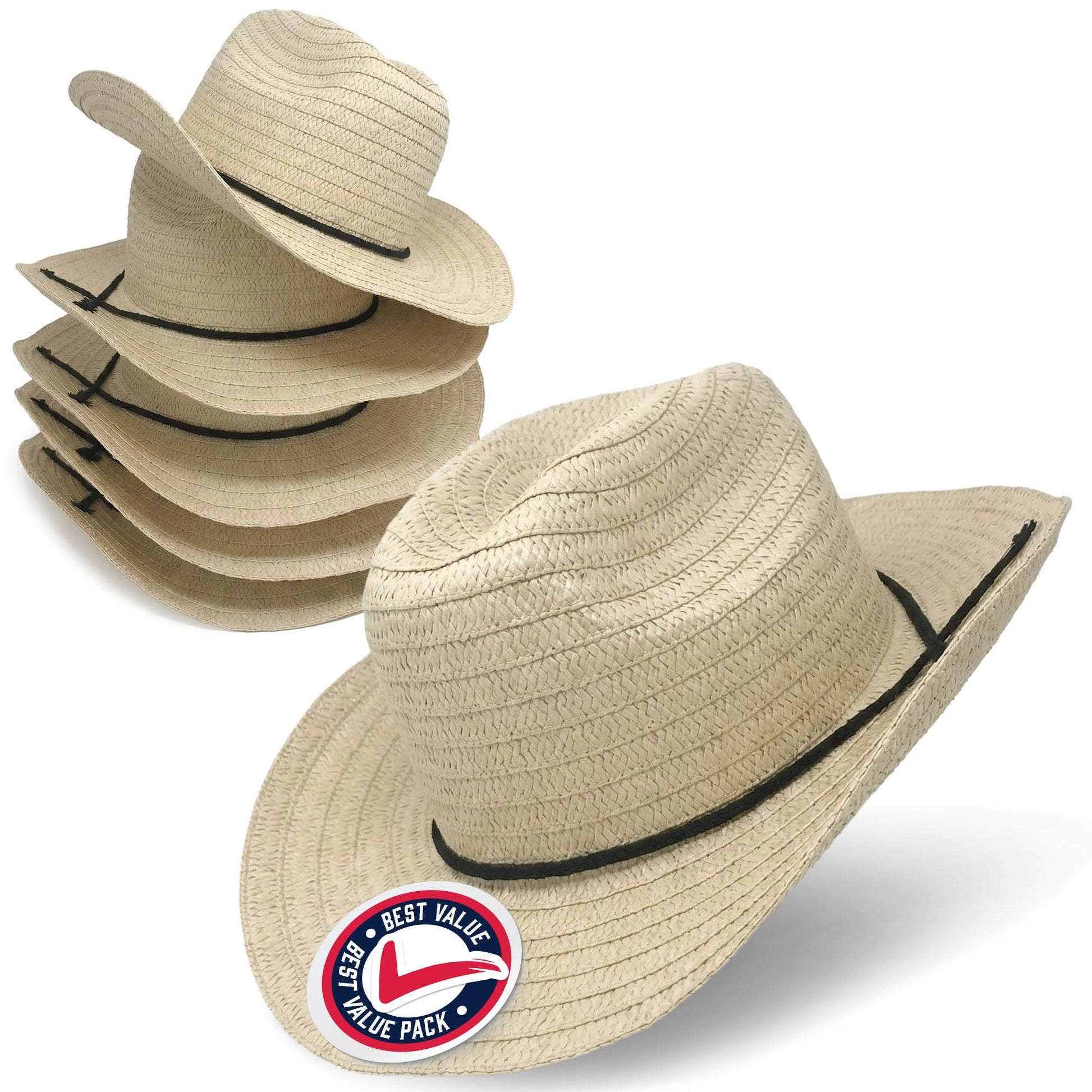 Podzly Straw Cowboy Hats 12 Pack - 24" Circumference Western Style - Plain