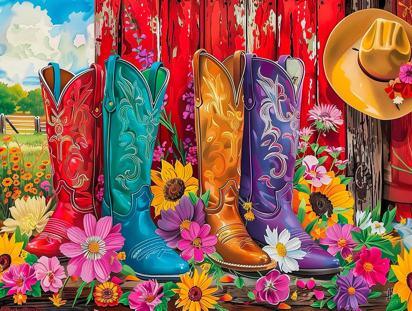 SUNSOUT INC - Country Boots - 500 piece Jigsaw Puzzle for Adults by Artist: John Stewart - Finished Size 18" x 24" - MPN# 77194