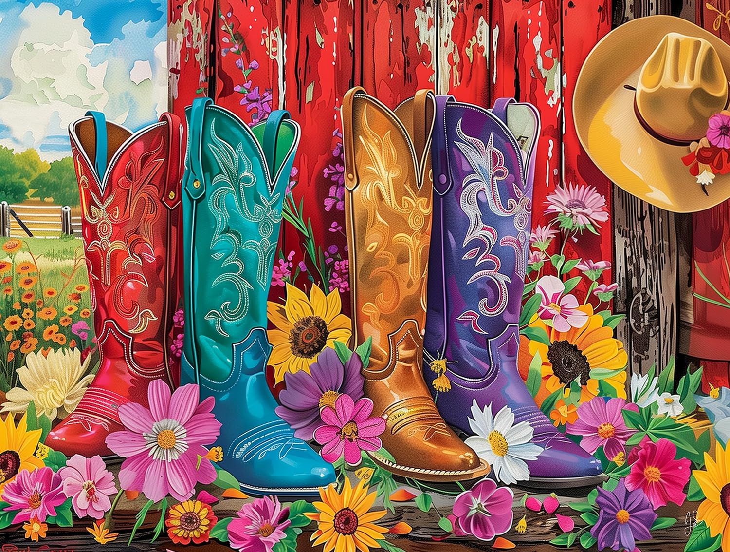 SUNSOUT INC - Country Boots - 500 piece Jigsaw Puzzle for Adults by Artist: John Stewart - Finished Size 18" x 24" - MPN# 77194