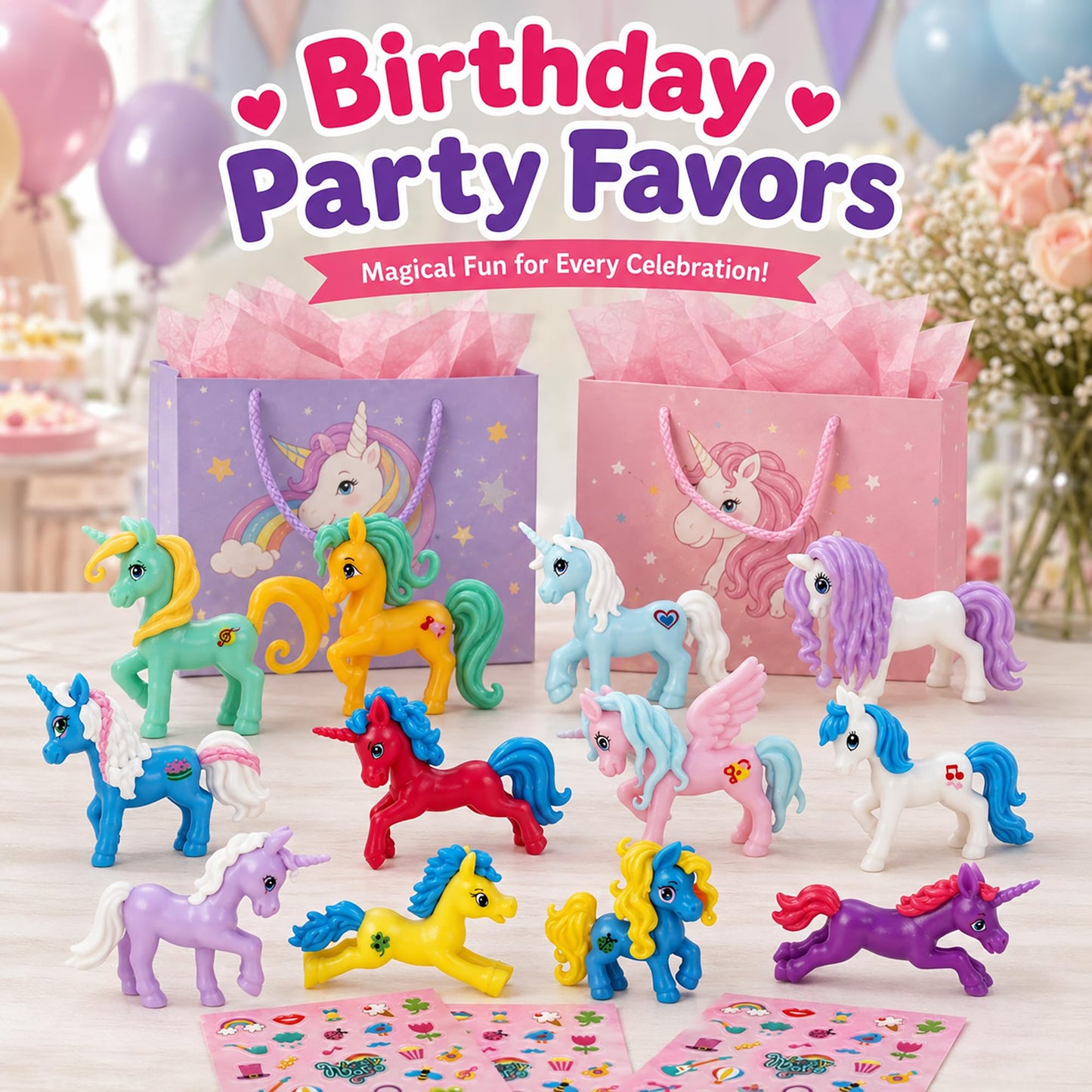 GIFTEXPRESS® 12 pcs Individual Packed Magical Unicorn Ponys Unicorns Figure and Unicorn Stickers Sheets for Girls Birthday Party, Valentine's Day