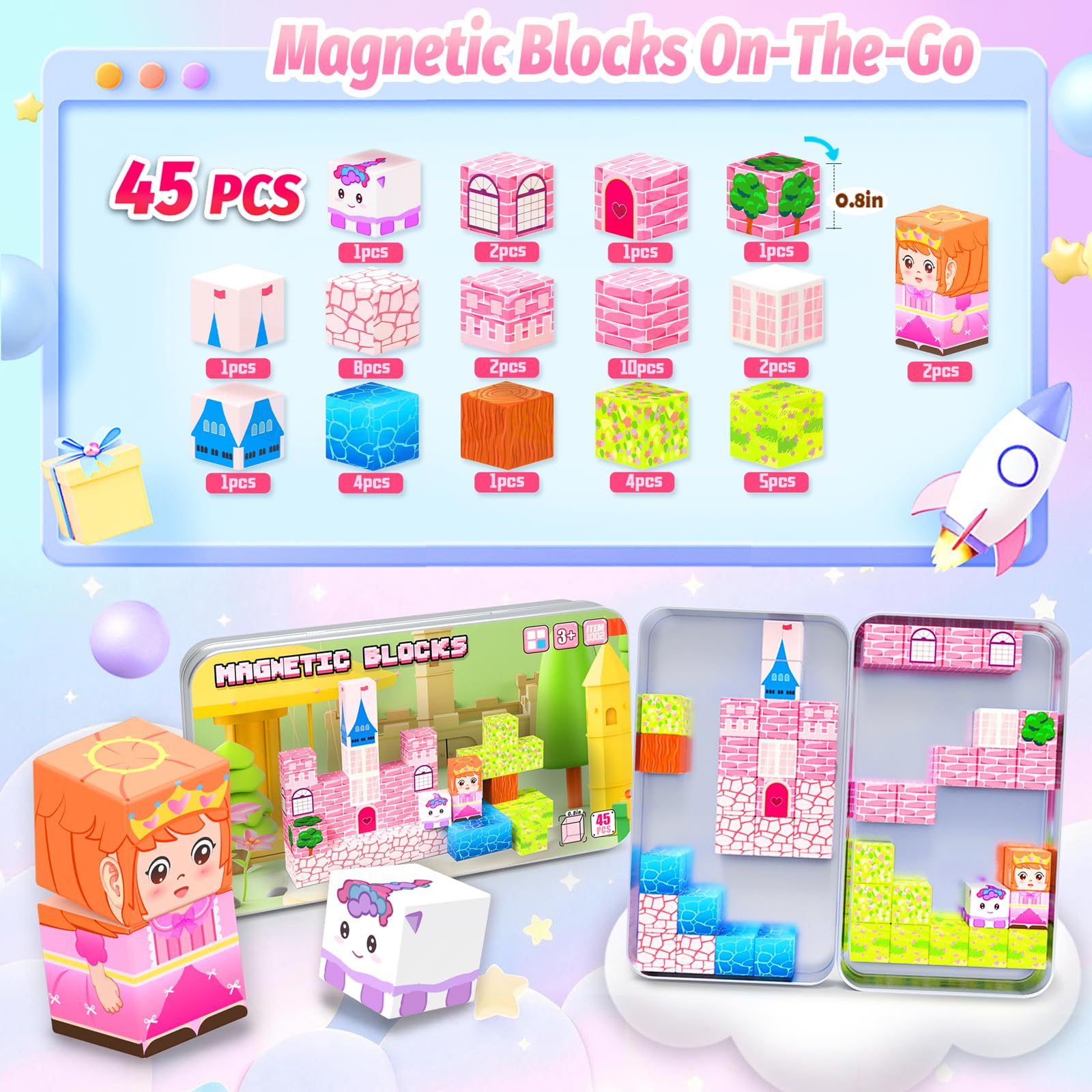 CEMECER Travel Magnetic Cubes, Princess STEM Building Blocks for Plane Road Trips, Magnetic Construction Toys for Kids