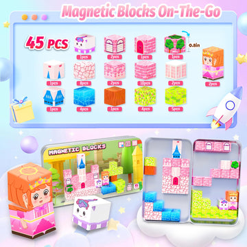 CEMECER Travel Magnetic Cubes, Princess STEM Building Blocks for Plane Road Trips, Magnetic Construction Toys for Kids