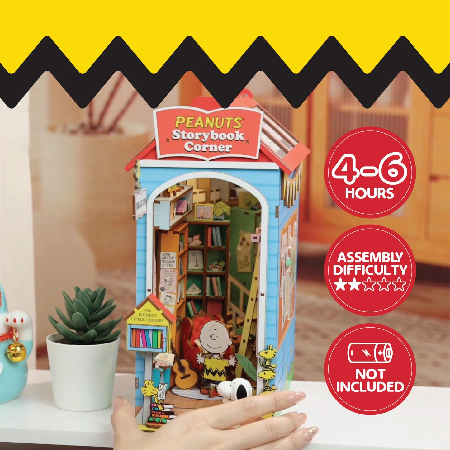 Hands Craft Peanuts Storybook Corner Book Nook Kit with Snoopy Figurine - Touch-Sensitive LED Light-Up House, 3D Wooden Puzzle - Bookshelf Diorama