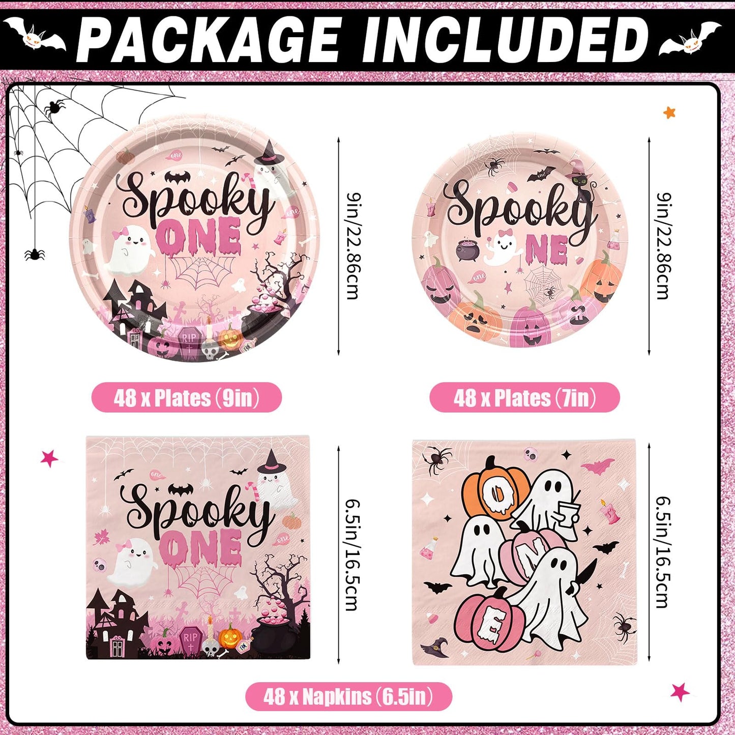 Yavxzvbw 144Pcs Spooky One Birthday Decorations Girl Pink Halloween Plates and Napkins Halloween 1st Birthday Party Decorations for Halloween Birthday